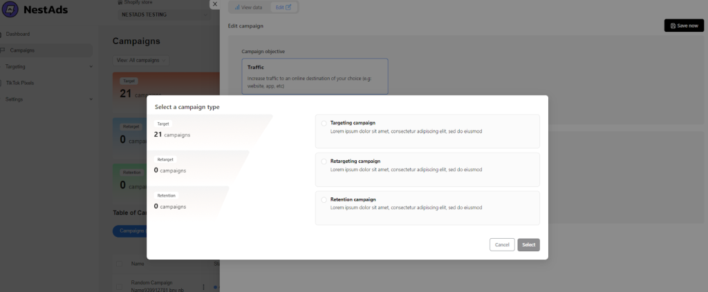 NestAds select a campaign type 