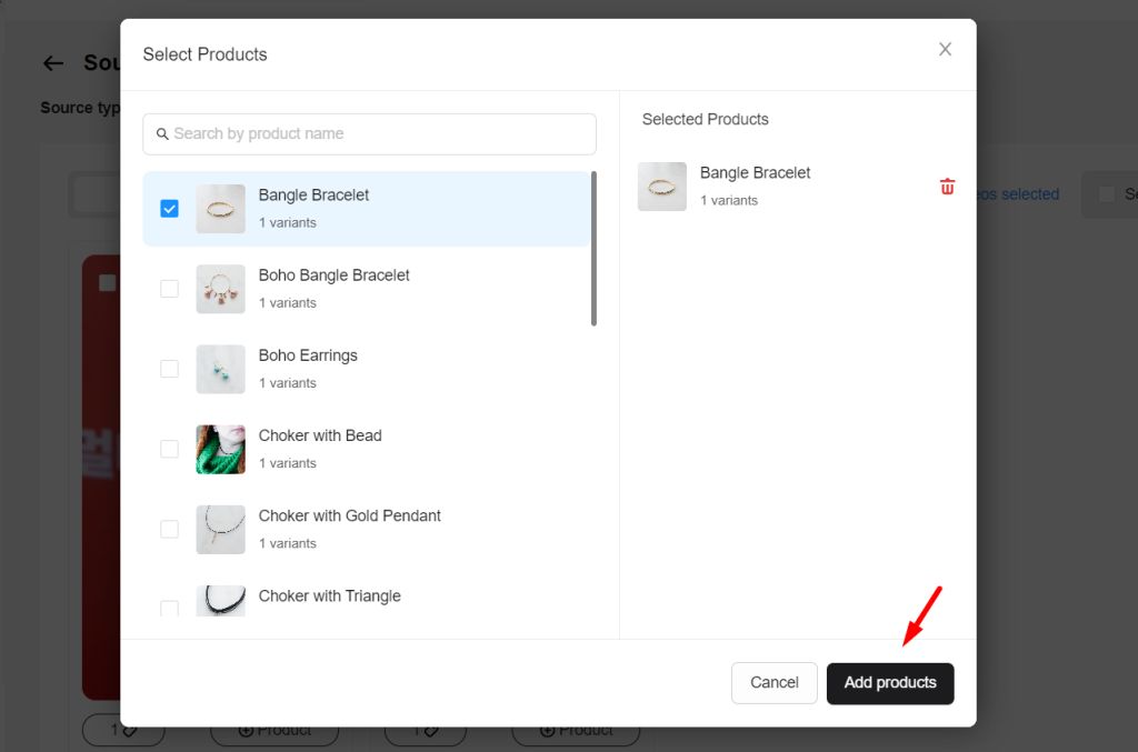 NestWidget Edit media source - choose products