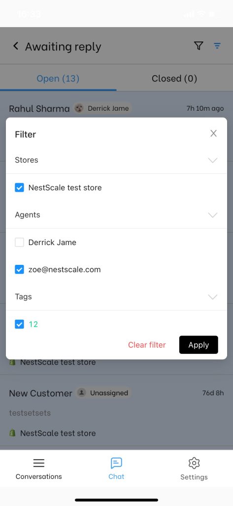 NestDesk mobile filter conversation