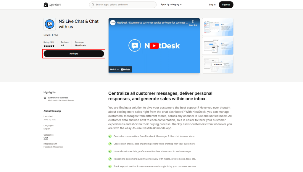 NestDesk app listing on Shopify