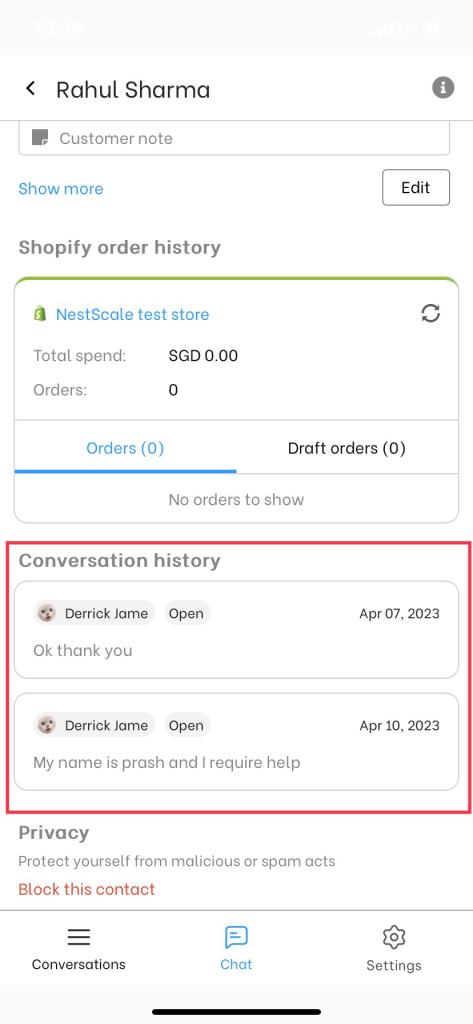 NestDesk mobile conversation histories