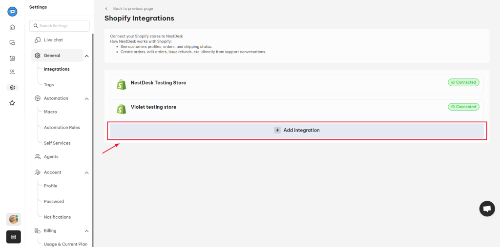 Add Shopify integration button