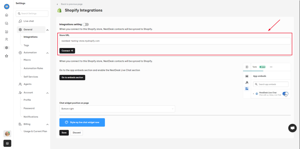 Enter Shopify store link and click Connect button