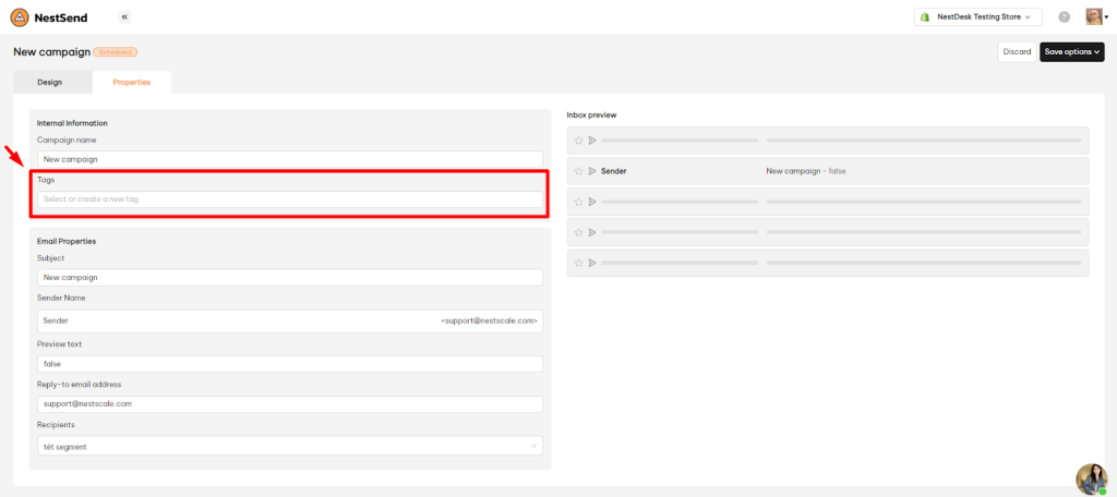 NestSend create tags