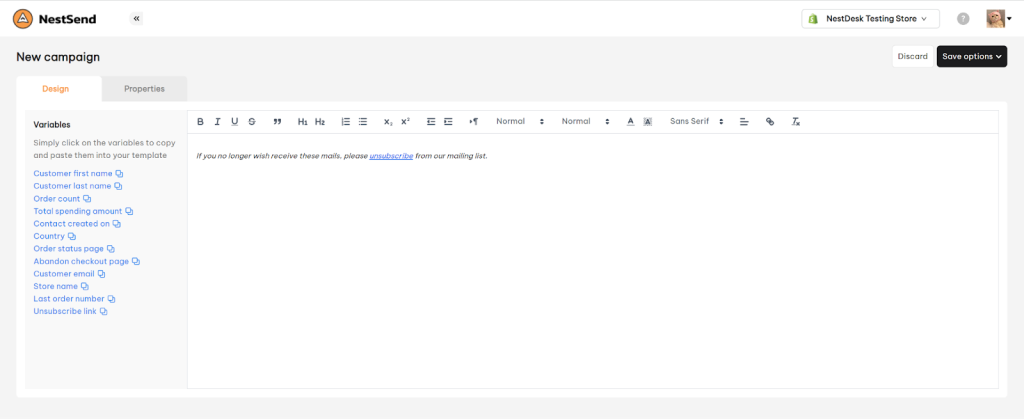 NestSend email editor 
