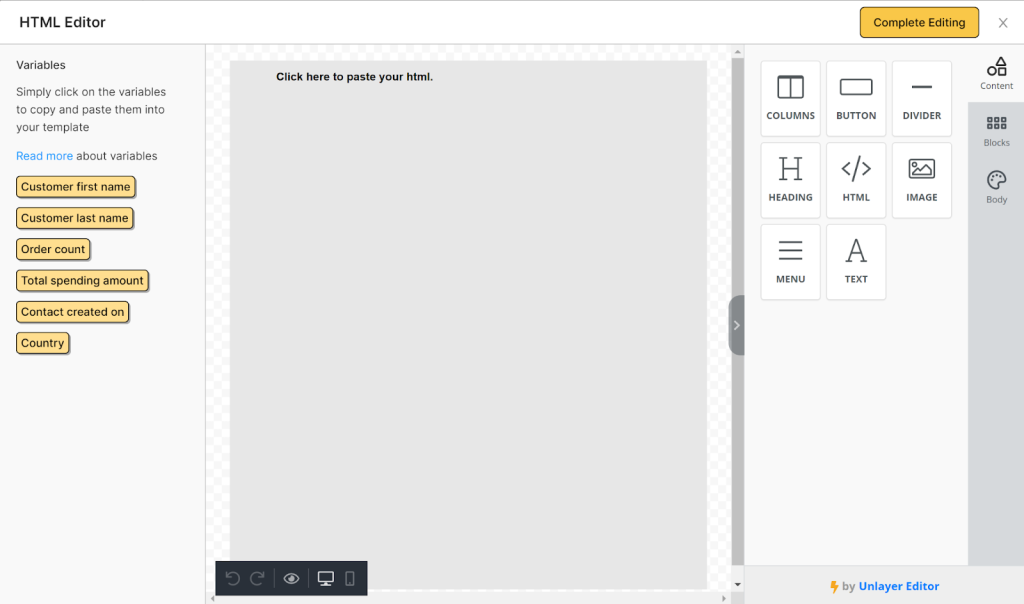 NestSend email editor HTML  