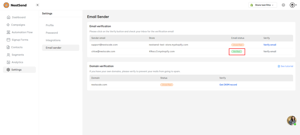 NestSend email sender verified status