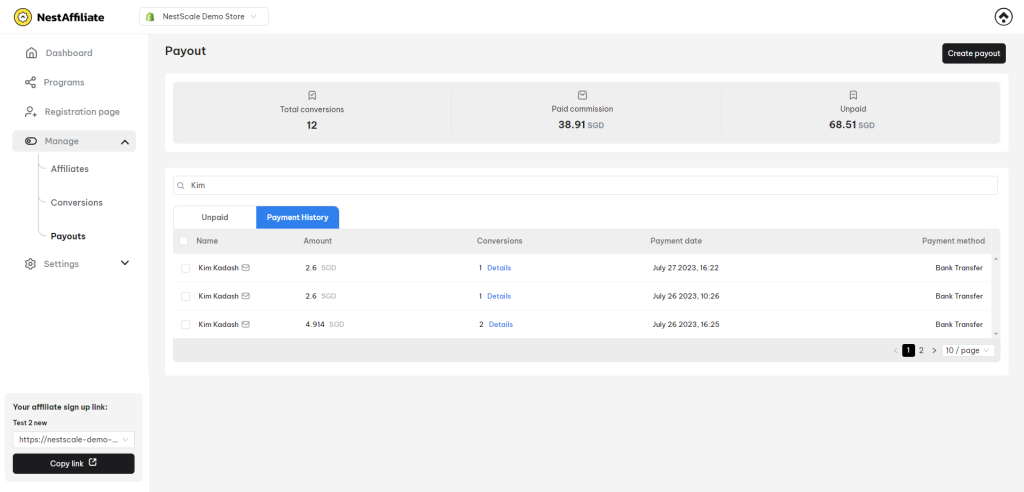 NestAffiliate payout - payment history