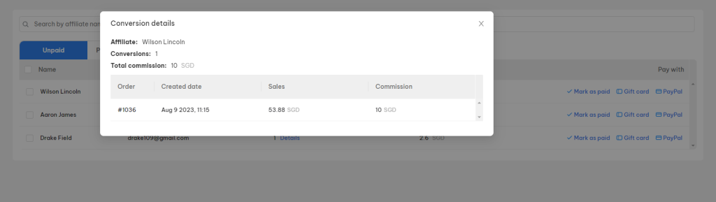 NestAffiliate payout - view payout in details 