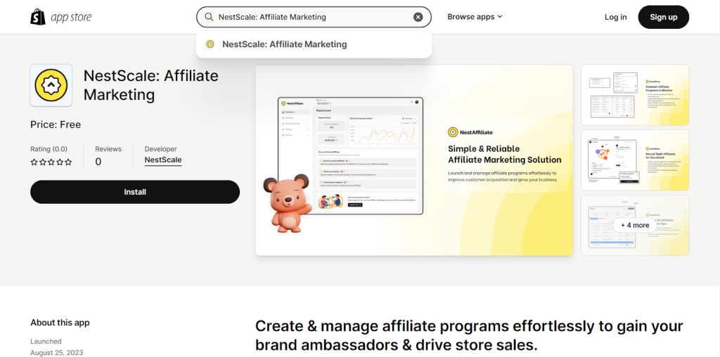 NestAffiliate app listing Shopify