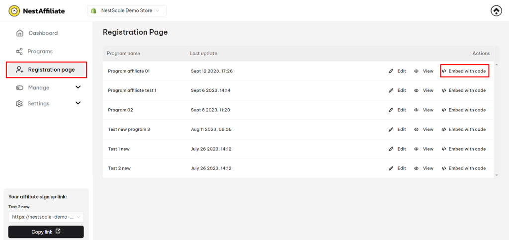 NestAffiliate embed registration code 