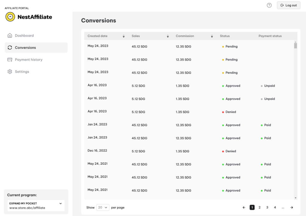 Conversions table in Affiliate Portal