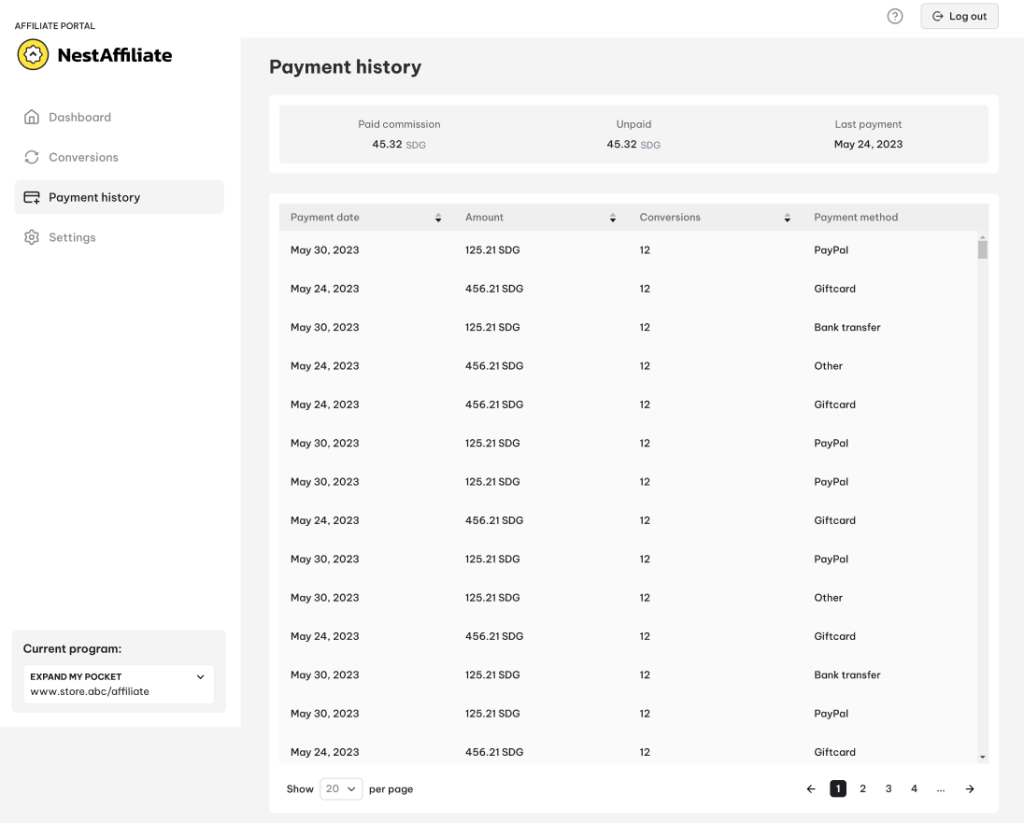 Payment history in Affiliate Portal