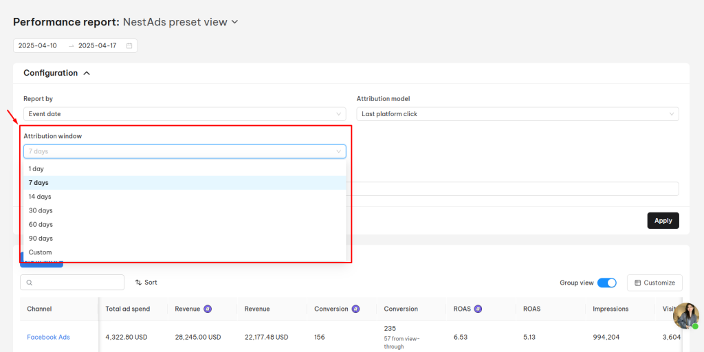 Attribution window performance report