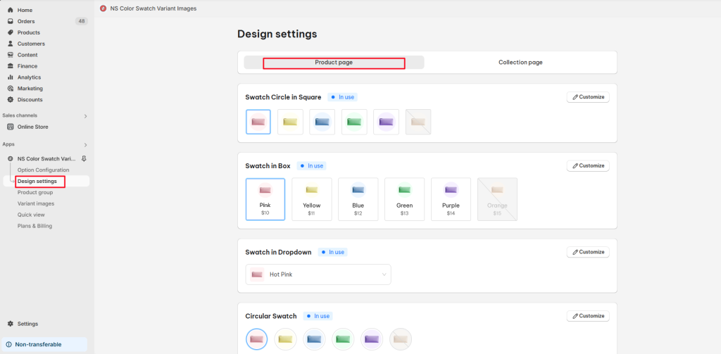 Customize variants on product page