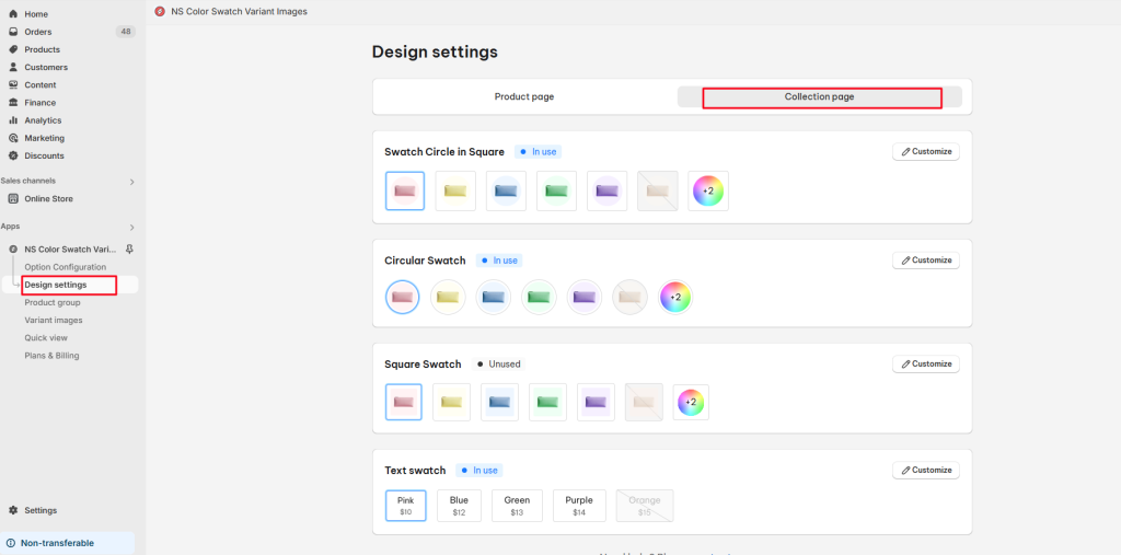 Customize swatch on collection page