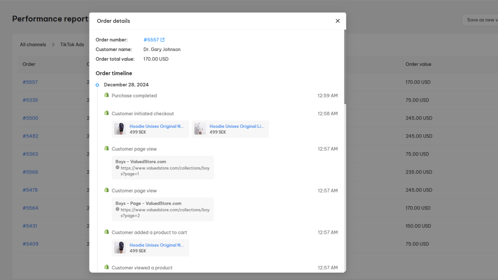 Order detail timeline