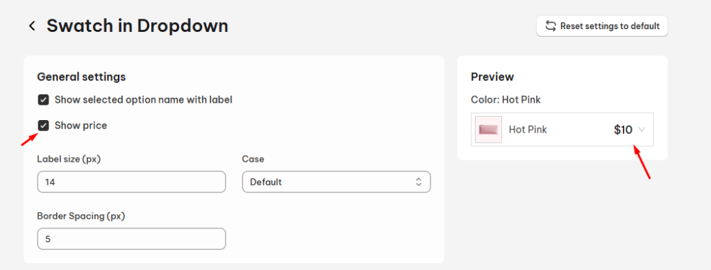Show price settings