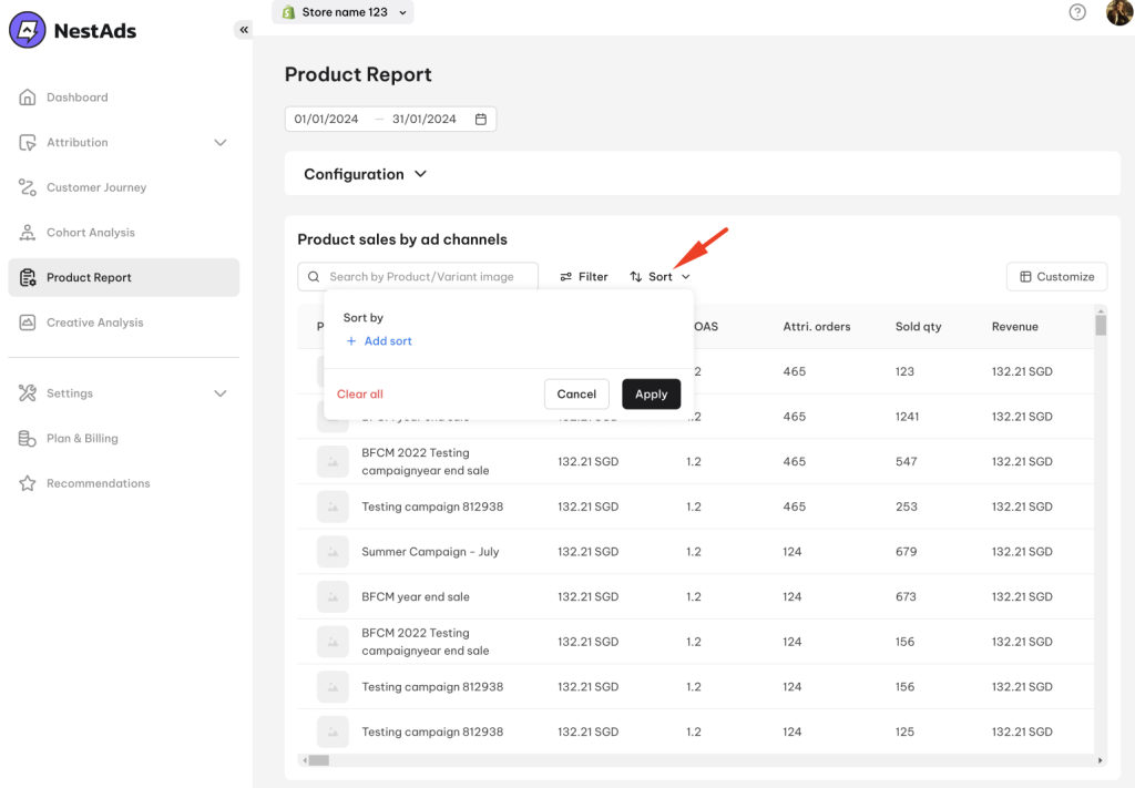 Sort product report