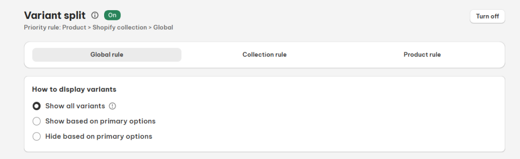 How to display variants setting in Global rule