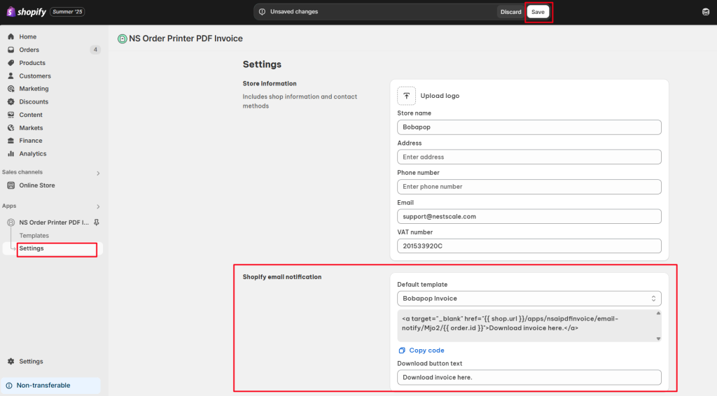 Add invoice link in Shopify order notification email