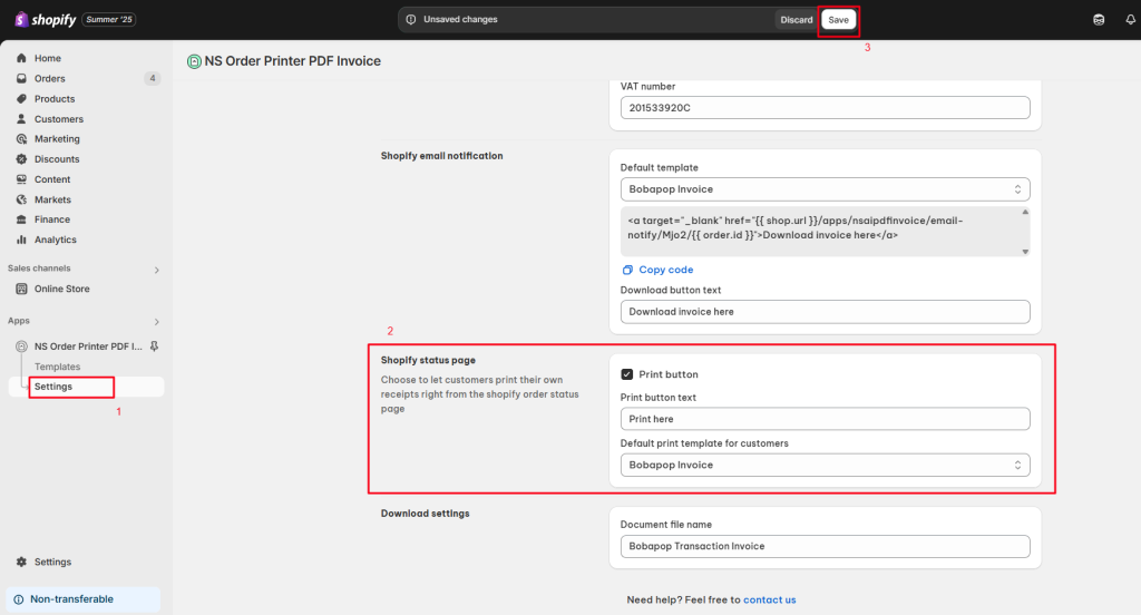 Add print button on Shopify order status page