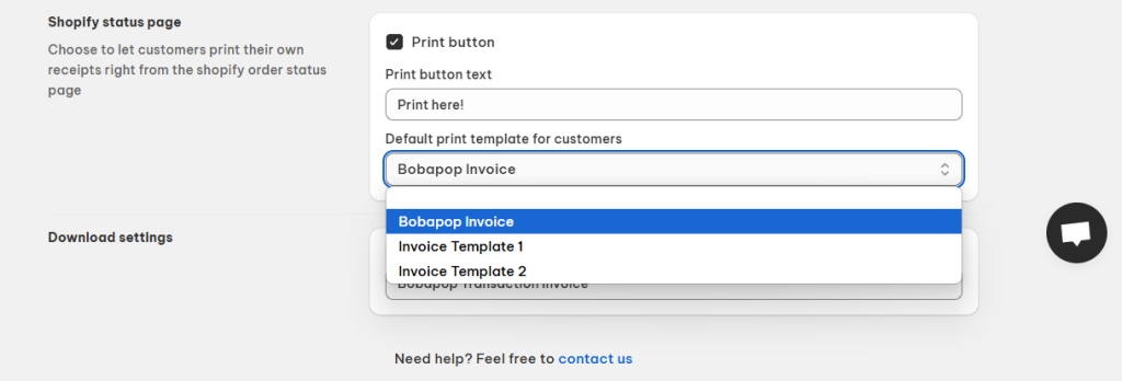 Default print template on Shopify order status page