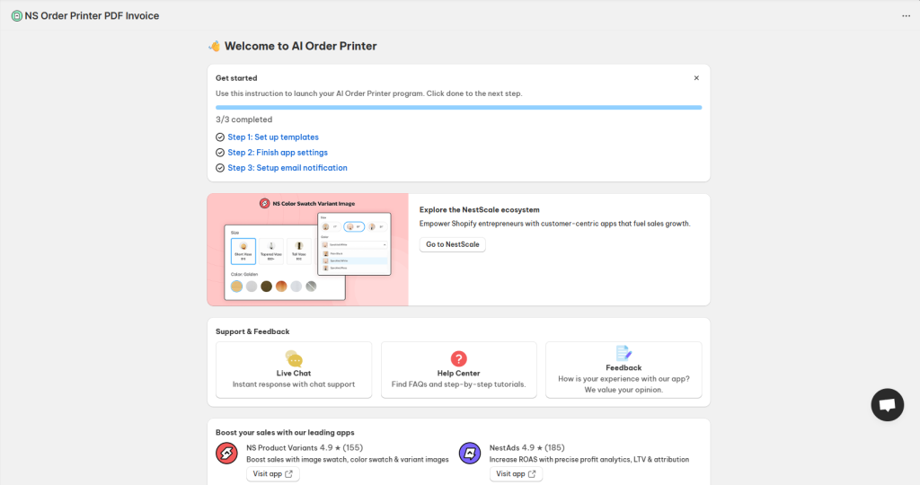 NS Order Printer PDF Invoice dashboard