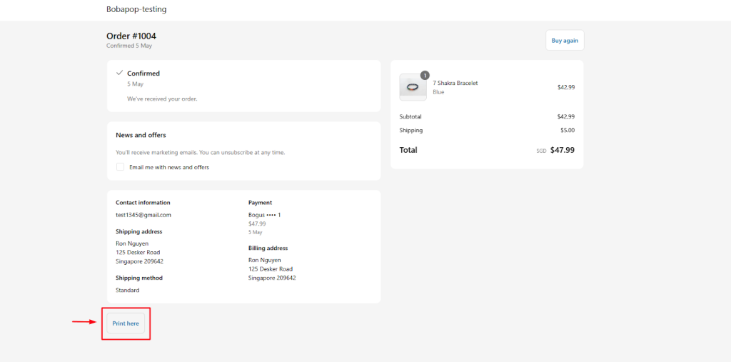 Print button on Order status page