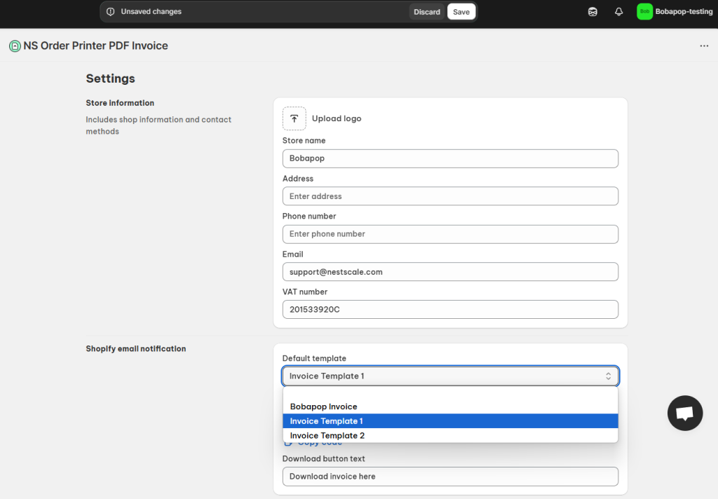 Set default template for Shopify order notification email