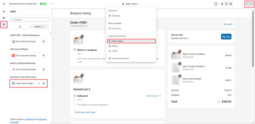 Add app extension on order status page