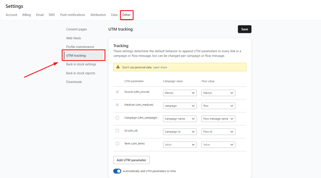 Klaviyo UTM tracking section